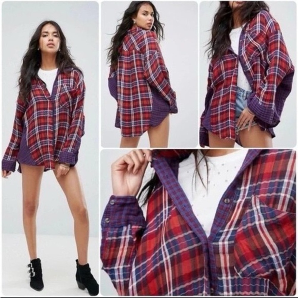 🌹Free People🌹 Red and Blue Plaid Long Sleeve Top